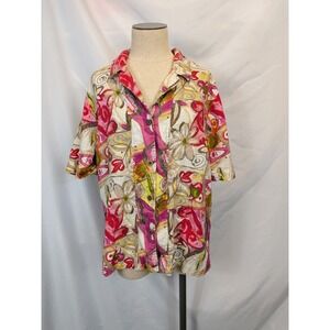 Chico's Size 3 Linen Shirt Abstract Floral Button Up Short Sleeve Pink Art To We